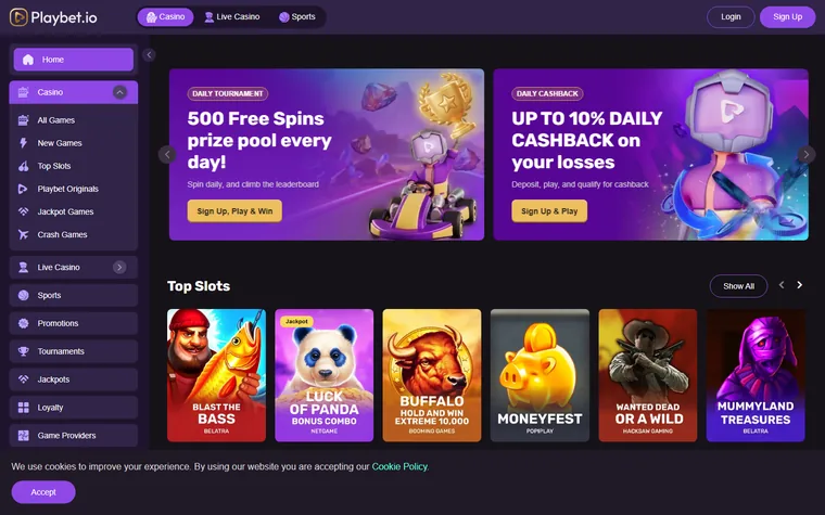 La home di playbet.io